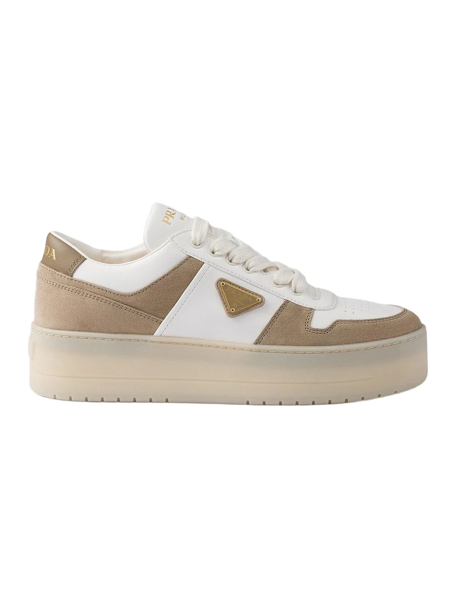 Prada Women's Downtown Bold Nappa Leather and Suede Sneakers - Beige Khaki