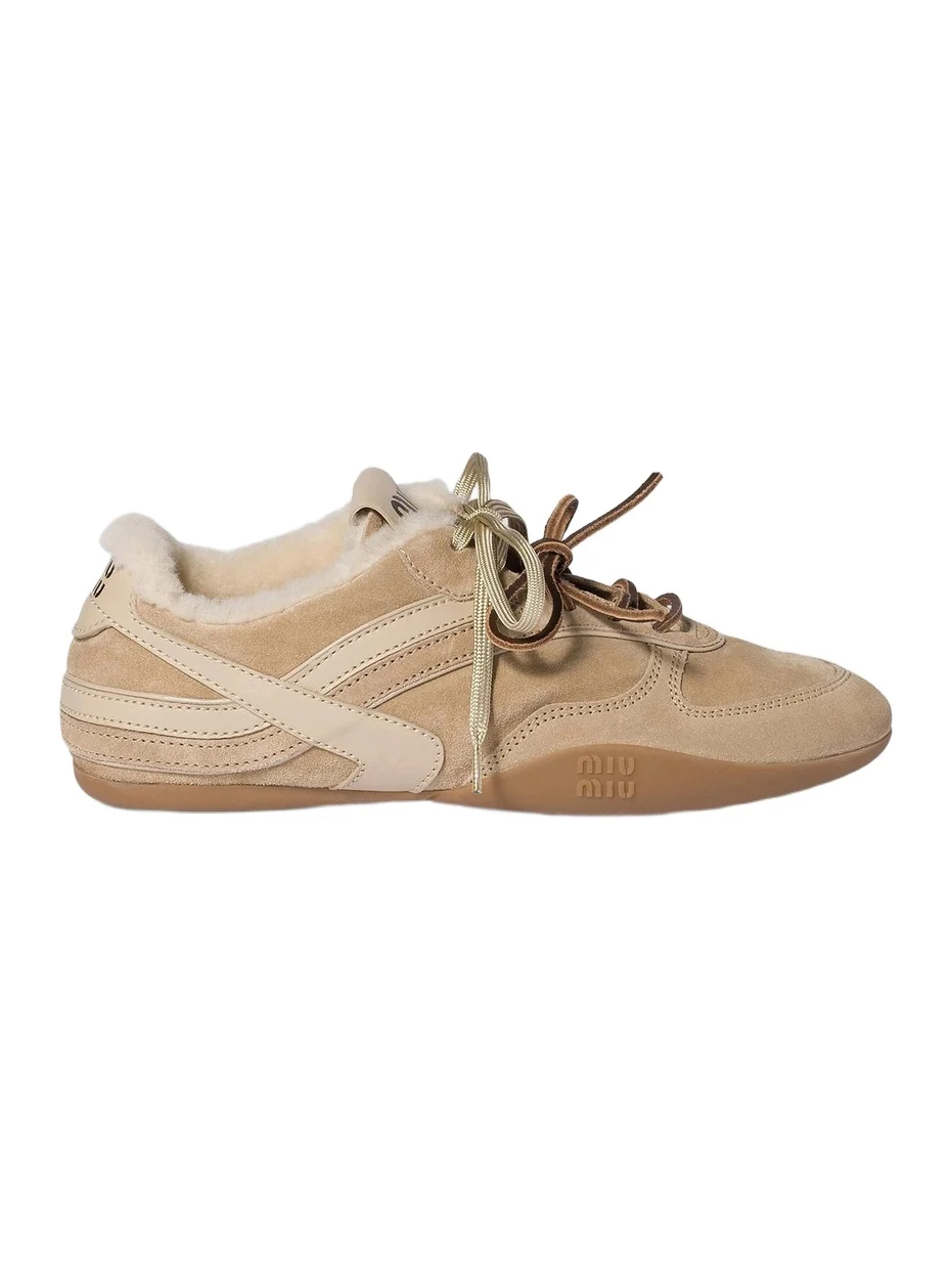 Women's Gymnasium Suede and Shearling Sneakers - Beige Khaki Women's Gymnasium Suede and Shearling Sneakers - Beige Khaki