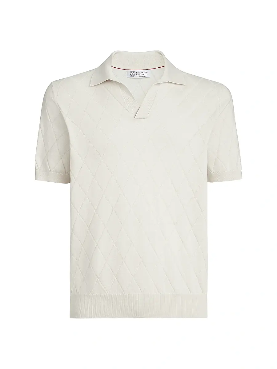 Brunello Cucinelli Men's Cotton Textured Argyle Lightweight Knit Polo Shirt - White | Image 1 Brunello Cucinelli Men's Cotton Textured Argyle Lightweight Knit Polo Shirt - White | Image 1