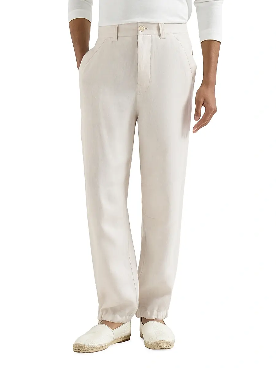 Brunello Cucinelli Men's Linen Micro Chevron Trousers with Drawstrings - Shell | Thumbnail 2 Brunello Cucinelli Men's Linen Micro Chevron Trousers with Drawstrings - Shell | Thumbnail 2