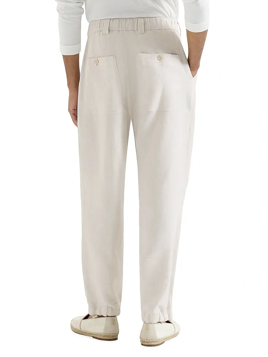 Brunello Cucinelli Men's Linen Micro Chevron Trousers with Drawstrings - Shell | Thumbnail 3 Brunello Cucinelli Men's Linen Micro Chevron Trousers with Drawstrings - Shell | Thumbnail 3