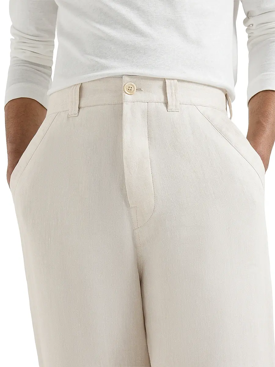Brunello Cucinelli Men's Linen Micro Chevron Trousers with Drawstrings - Shell | Thumbnail 4 Brunello Cucinelli Men's Linen Micro Chevron Trousers with Drawstrings - Shell | Thumbnail 4