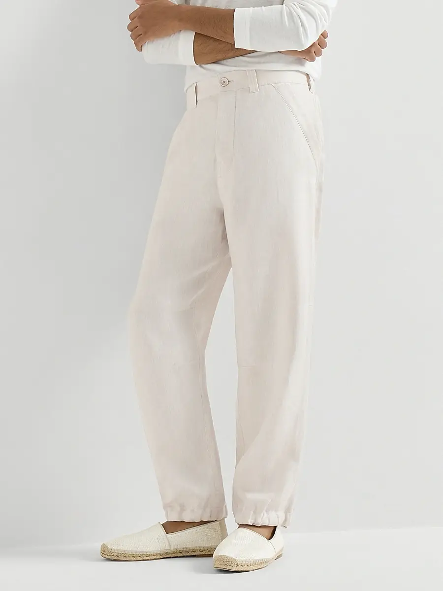 Brunello Cucinelli Men's Linen Micro Chevron Trousers with Drawstrings - Shell | Thumbnail 5 Brunello Cucinelli Men's Linen Micro Chevron Trousers with Drawstrings - Shell | Thumbnail 5
