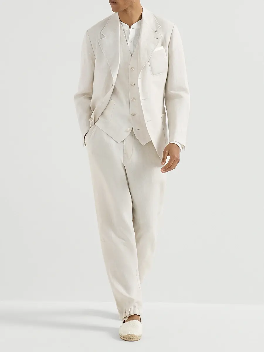 Brunello Cucinelli Men's Linen Micro Chevron Trousers with Drawstrings - Shell | Thumbnail 6 Brunello Cucinelli Men's Linen Micro Chevron Trousers with Drawstrings - Shell | Thumbnail 6