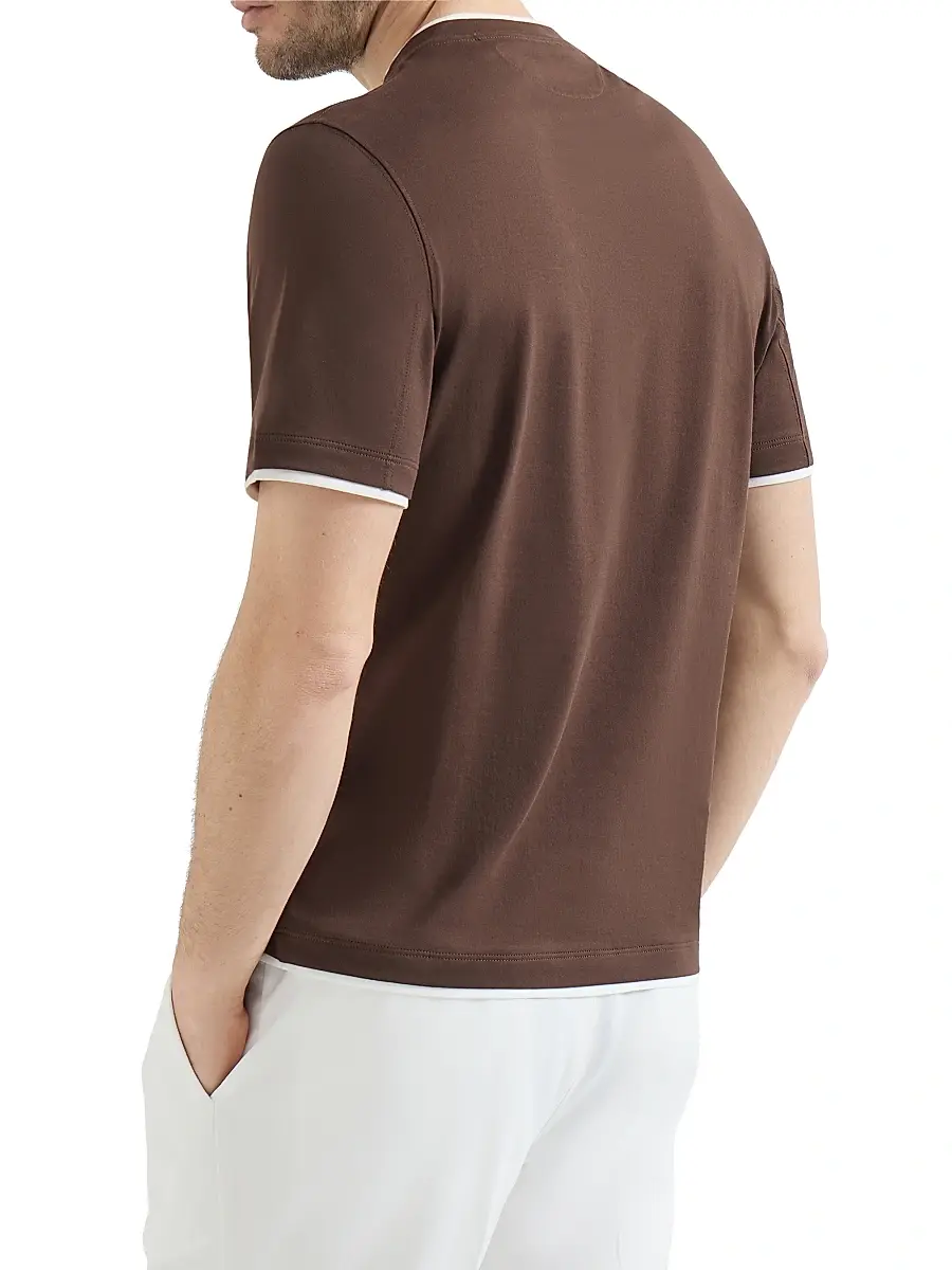 Brunello Cucinelli Men's Cotton Jersey Crewneck T-Shirt with Faux Layering - Brown | Thumbnail 3