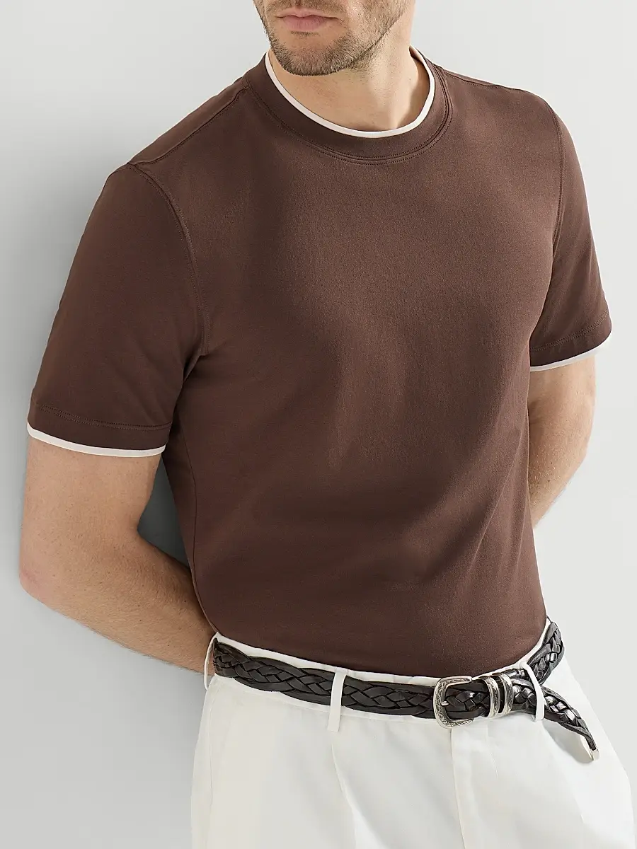 Brunello Cucinelli Men's Cotton Jersey Crewneck T-Shirt with Faux Layering - Brown | Thumbnail 5