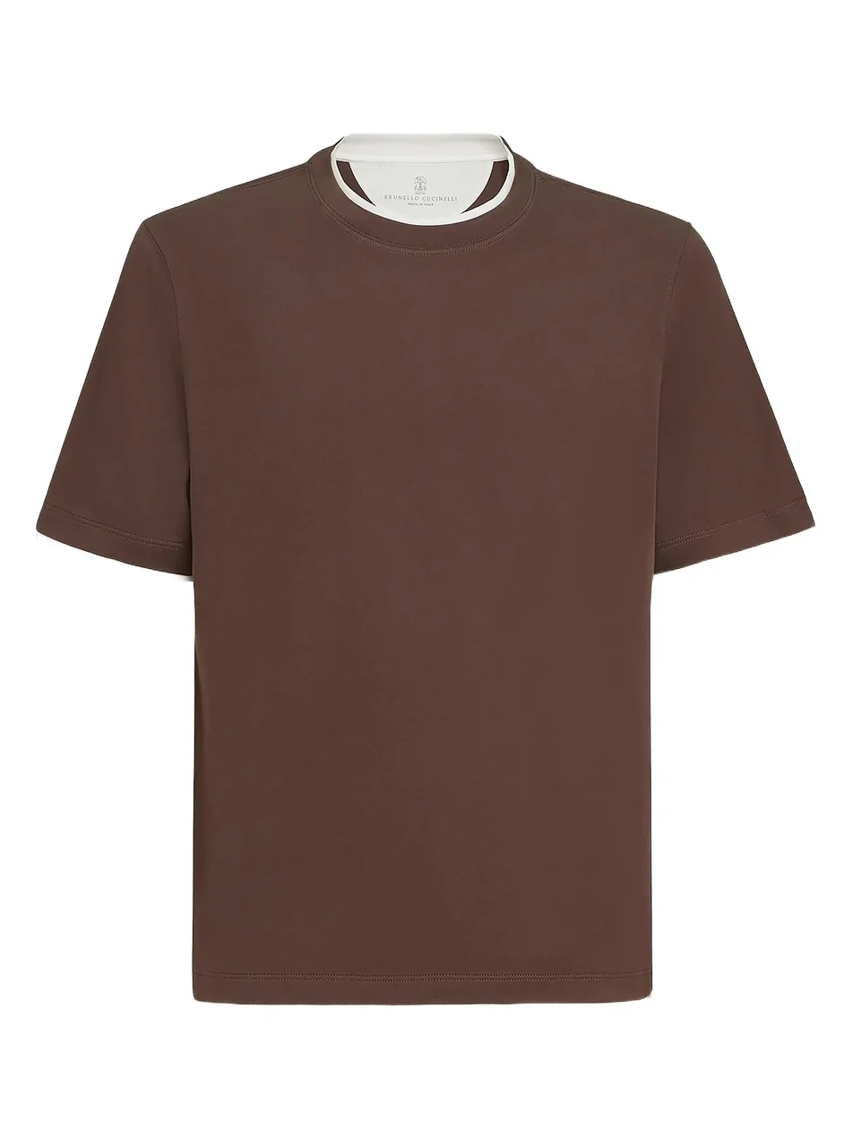 Brunello Cucinelli Men's Cotton Jersey Crewneck T-Shirt with Faux Layering - Brown
