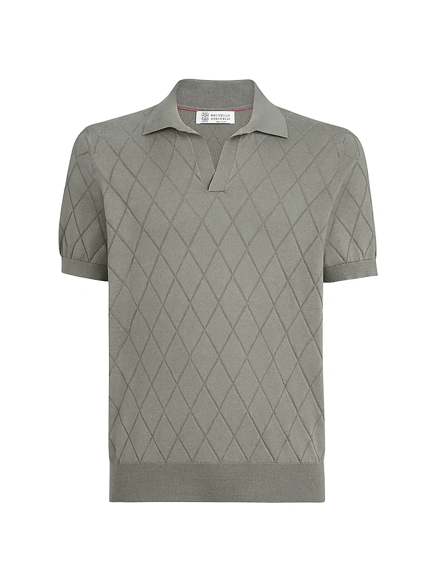 Brunello Cucinelli Men's Cotton Textured Argyle Lightweight Knit Polo Shirt - Khaki | Image 1 Brunello Cucinelli Men's Cotton Textured Argyle Lightweight Knit Polo Shirt - Khaki | Image 1