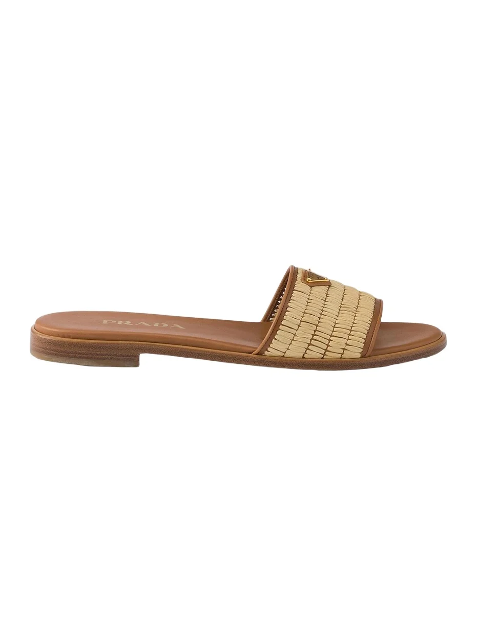 Prada Women's Leather and Crochet Slides - Beige Khaki