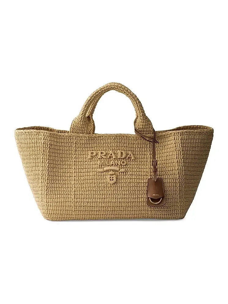 Women's Large Crochet Tote Bag with Leather Details - Beige Khaki Women's Large Crochet Tote Bag with Leather Details - Beige Khaki