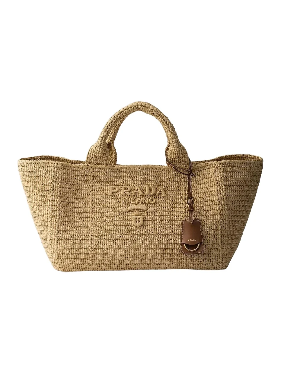 Women's Large Crochet Tote Bag with Leather Details - Beige Khaki Women's Large Crochet Tote Bag with Leather Details - Beige Khaki