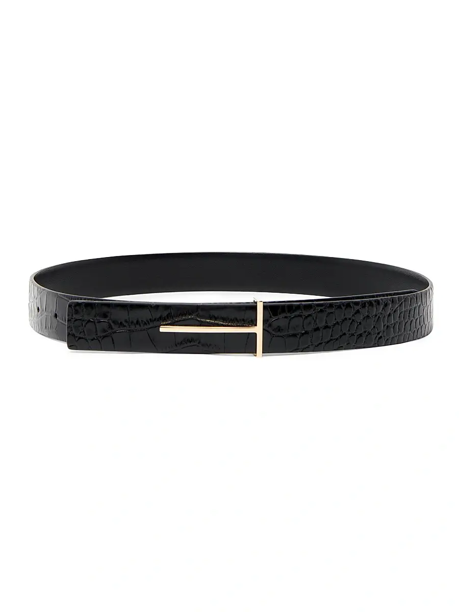 Women's Slim T Croc-Embossed Leather Belt