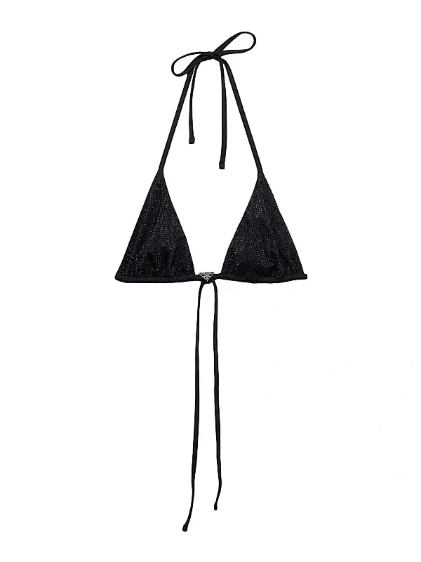 Prada Women's Jersey Triangle Bikini Top with Rhinestones - Black