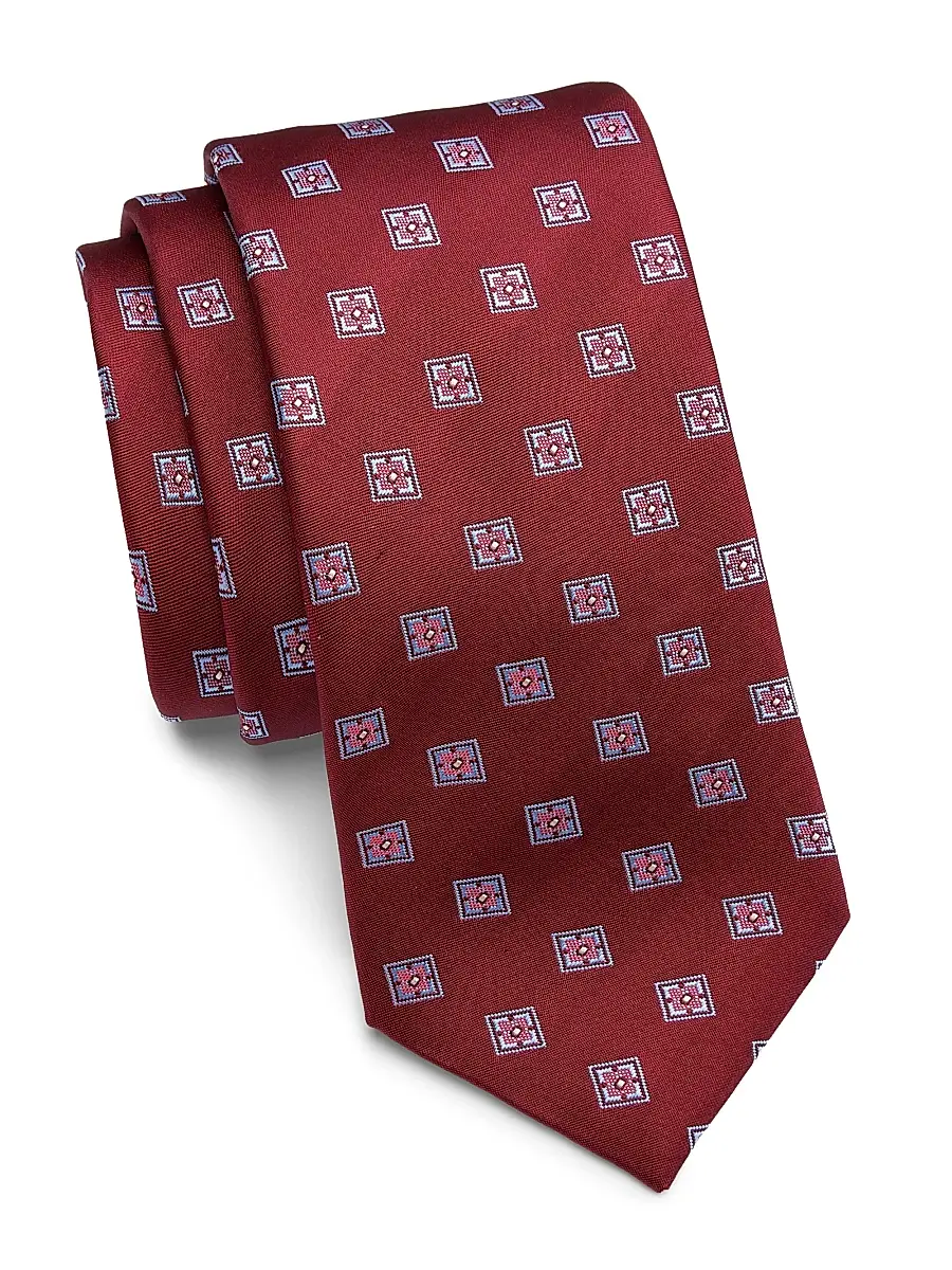 Men's Square Medallion Woven Silk Tie - Bordeaux Men's Square Medallion Woven Silk Tie - Bordeaux