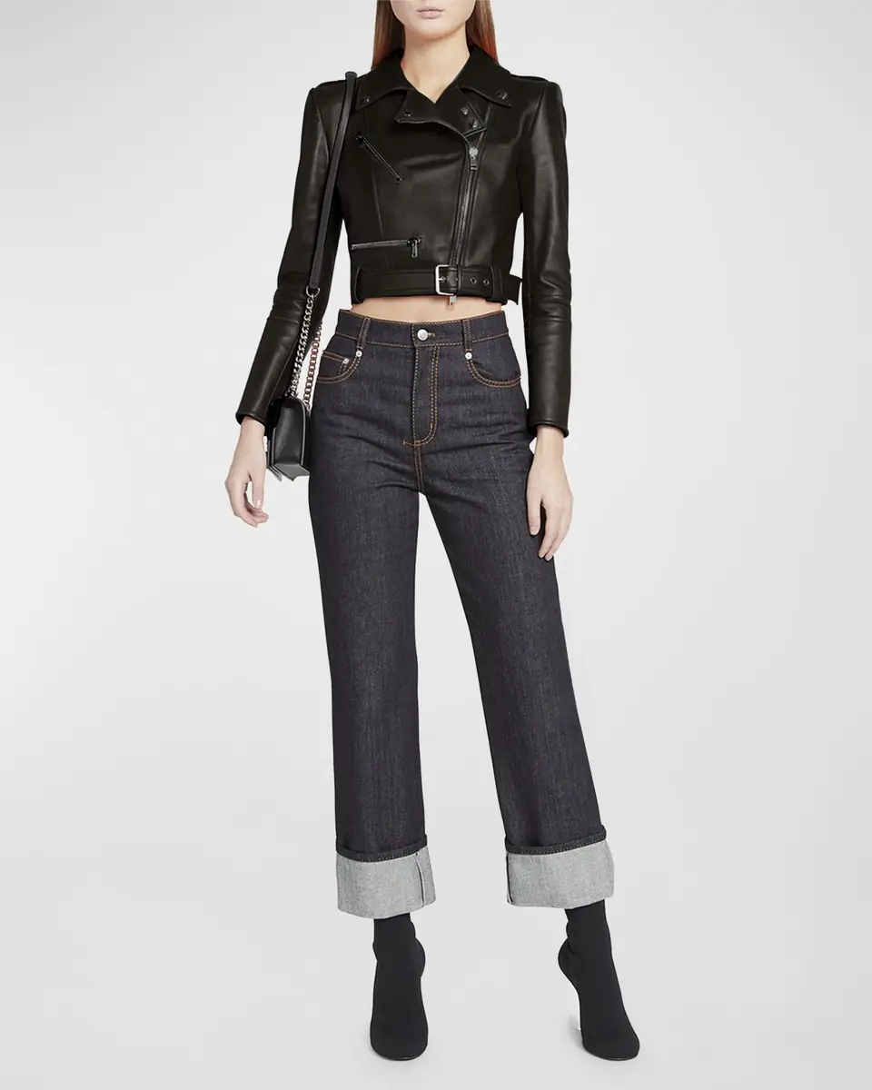 Alexander McQueen Cropped Leather Biker Jacket | Thumbnail 2