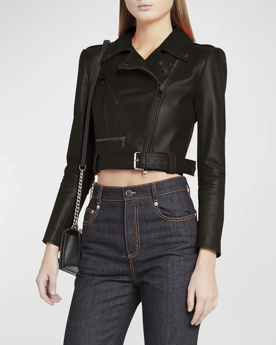Alexander McQueen Cropped Leather Biker Jacket | Thumbnail 4