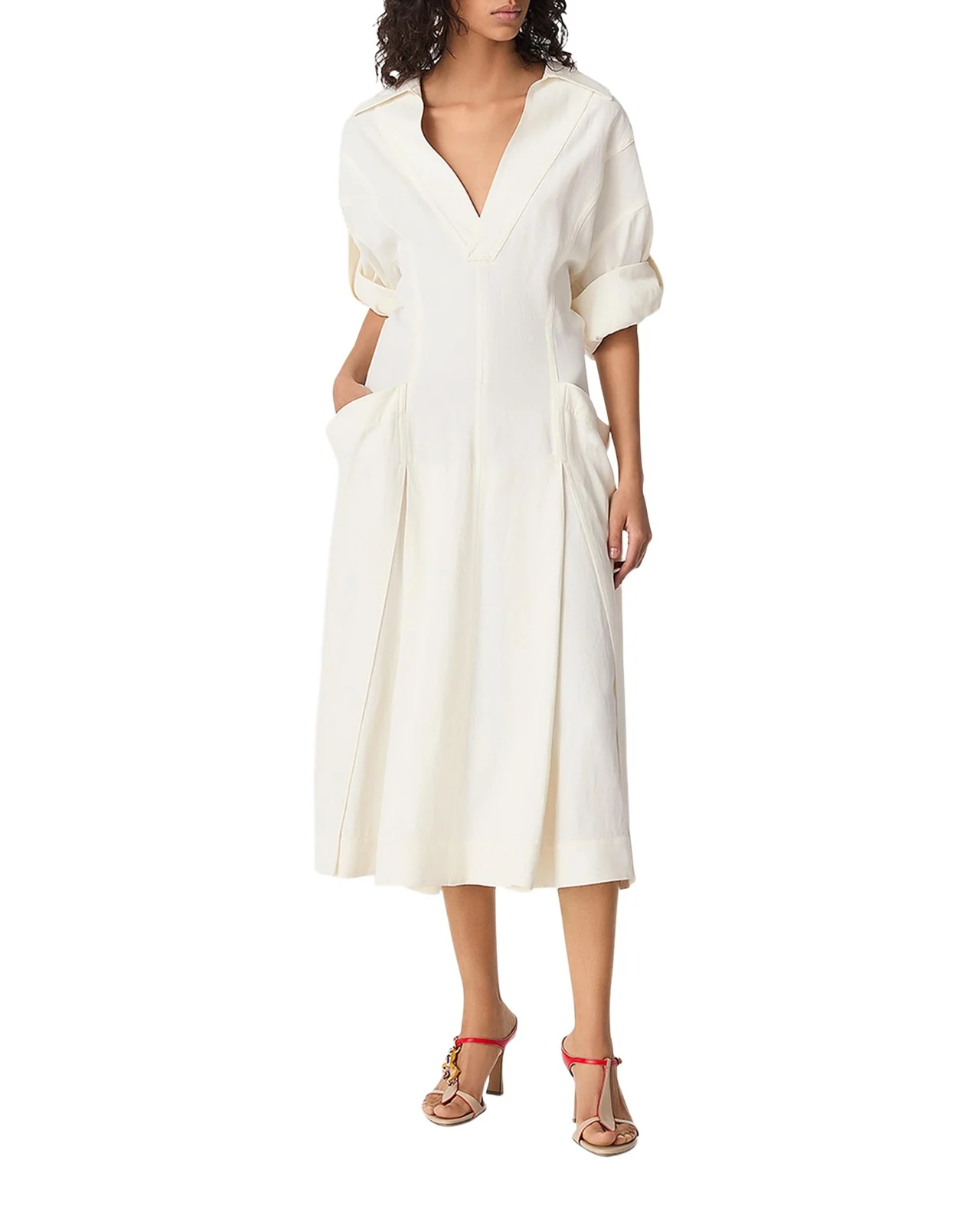 Fit-and-Flare Grainy Midi Dress with Frog Embellishments Fit-and-Flare Grainy Midi Dress with Frog Embellishments