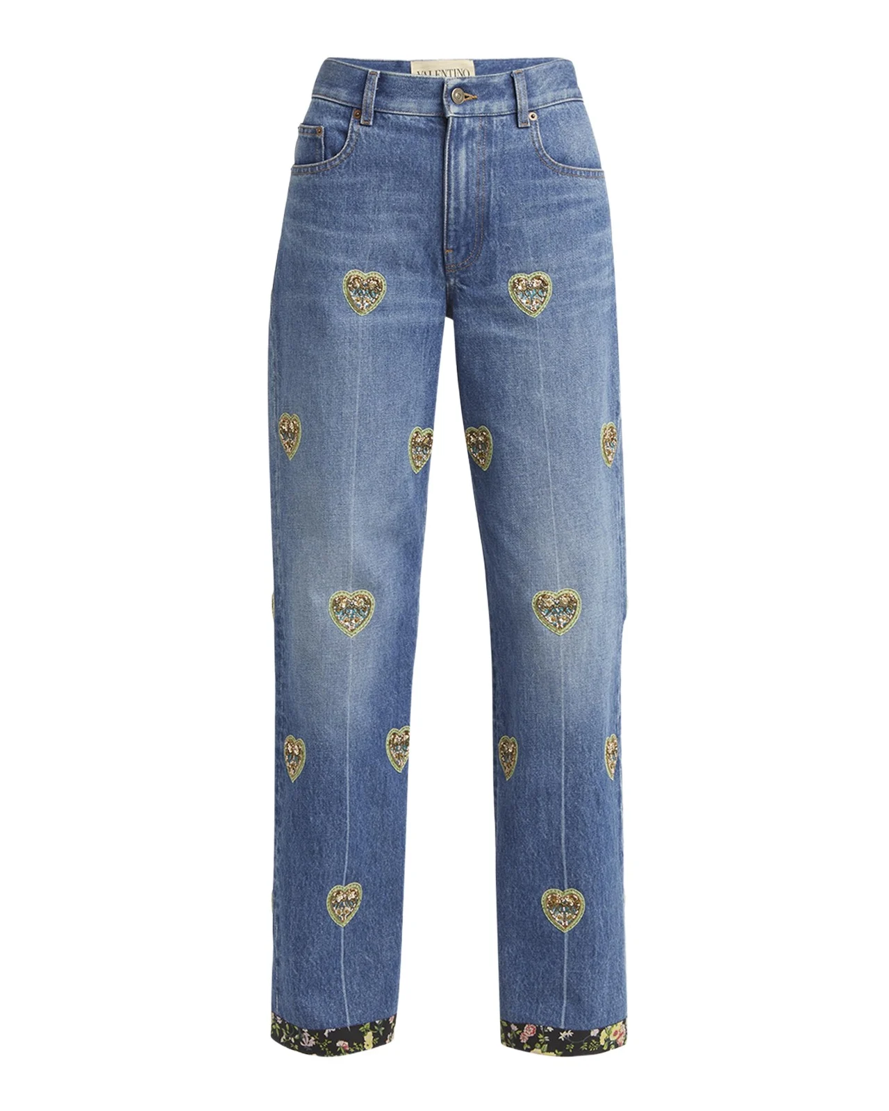 Embroidered Heart Denim Pants with Floral Boarder Embroidered Heart Denim Pants with Floral Boarder