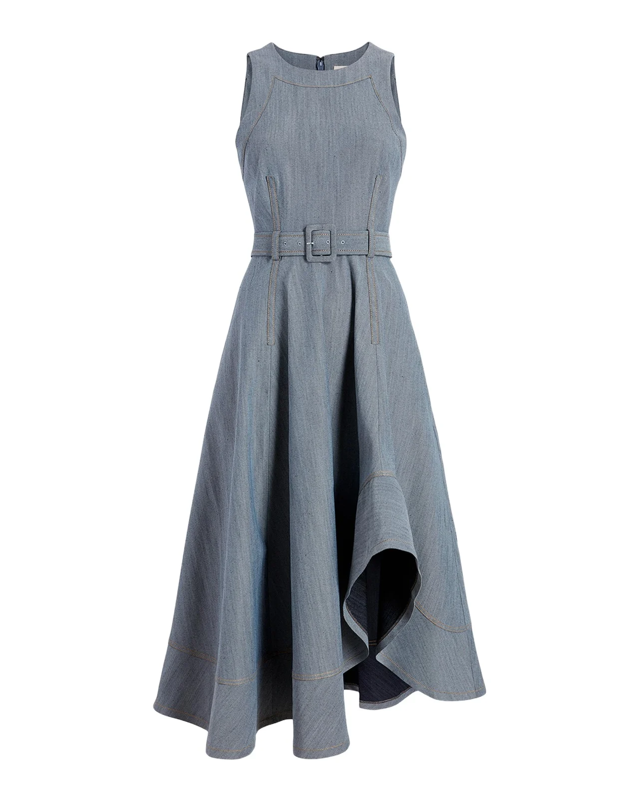 Zelda Belted Asymmetric Sleeveless Denim Midi Dress