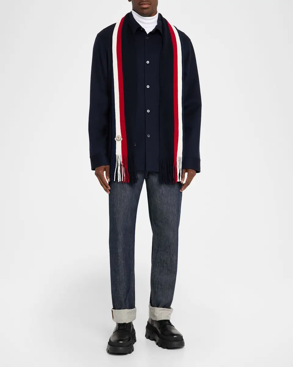Moncler Men's Wool Tricolor Stripe Fringe Scarf | Thumbnail 2