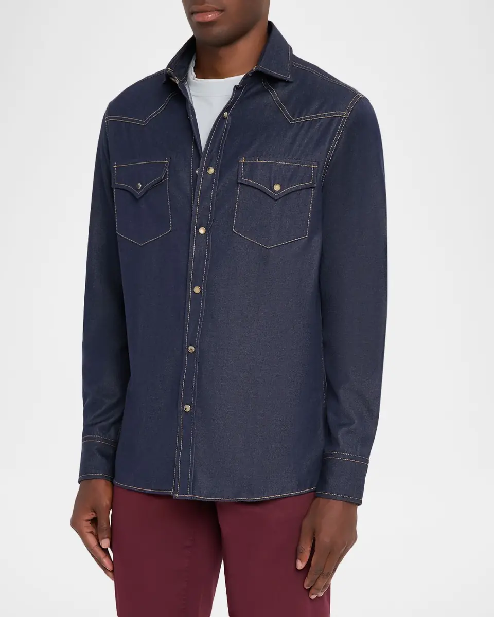 Brunello Cucinelli Men's Denim Snap-Front Western Shirt | Thumbnail 4 Brunello Cucinelli Men's Denim Snap-Front Western Shirt | Thumbnail 4
