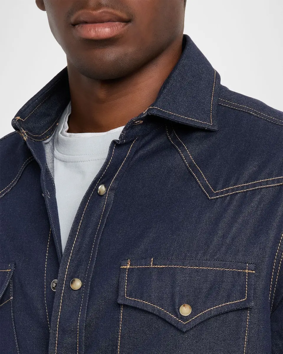 Brunello Cucinelli Men's Denim Snap-Front Western Shirt | Thumbnail 5 Brunello Cucinelli Men's Denim Snap-Front Western Shirt | Thumbnail 5