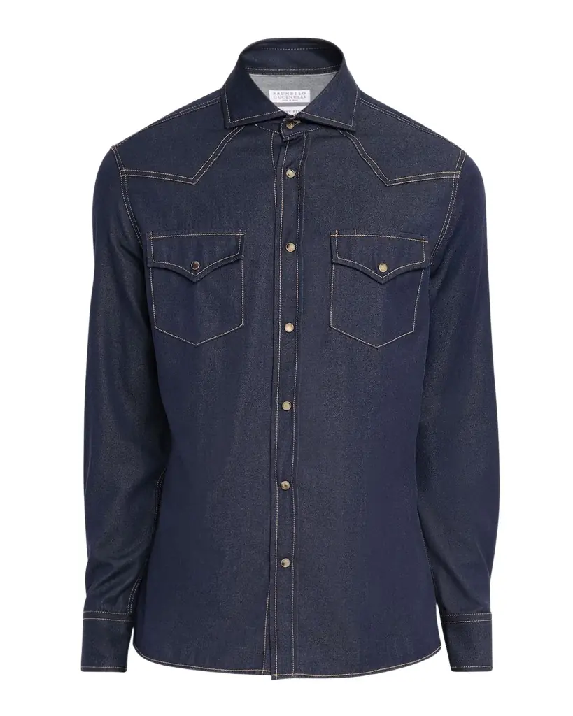 Brunello Cucinelli Men 's Denim Snap-Front Western Shirt | Image 1 Brunello Cucinelli Men 's Denim Snap-Front Western Shirt | Image 1