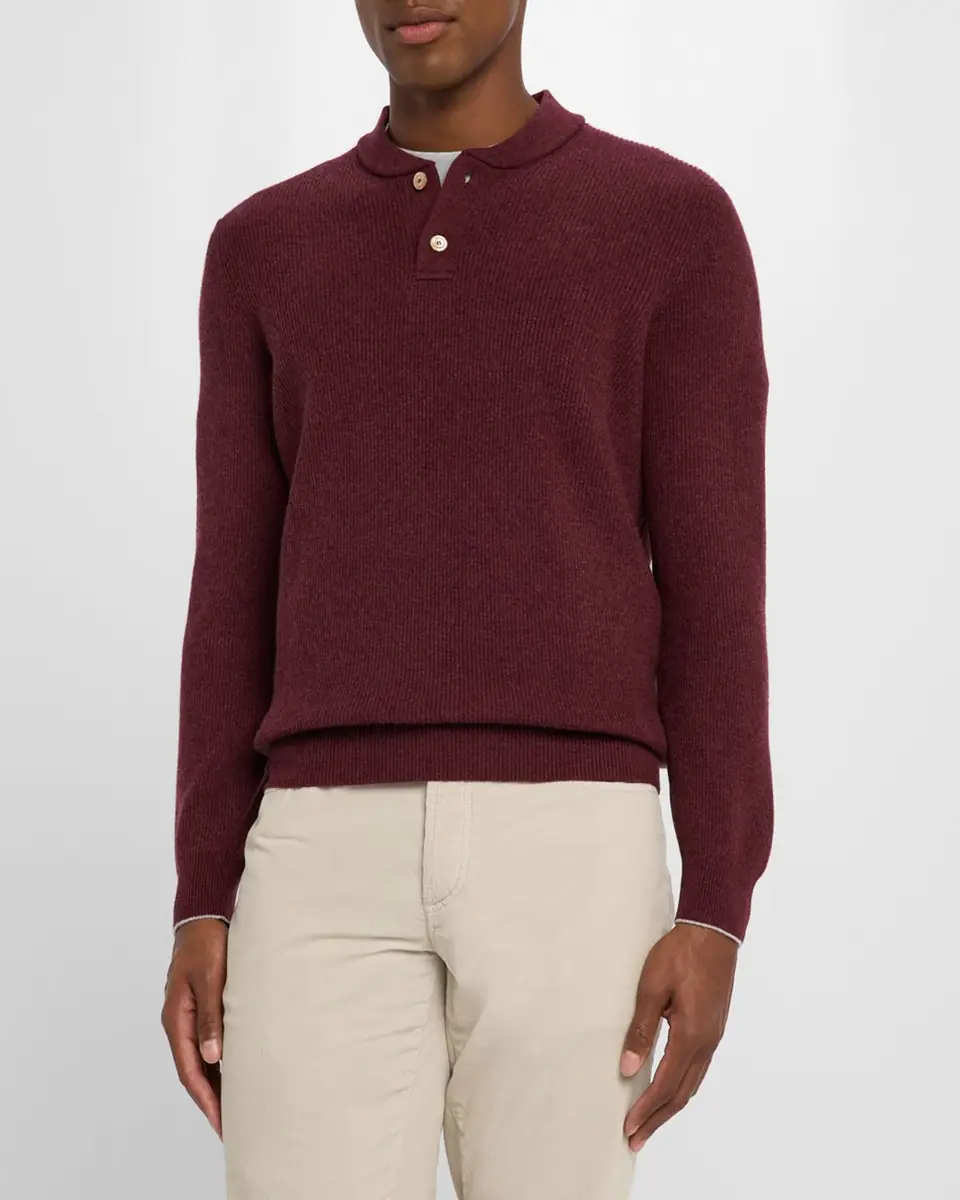 Brunello Cucinelli Men's Ribbed Cashmere Henley Sweater | Thumbnail 4 Brunello Cucinelli Men's Ribbed Cashmere Henley Sweater | Thumbnail 4