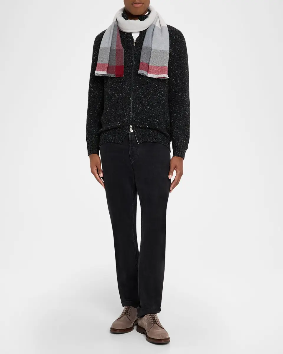 Brunello Cucinelli Men's Uneven Plaid Wool-Cashmere Scarf | Thumbnail 2