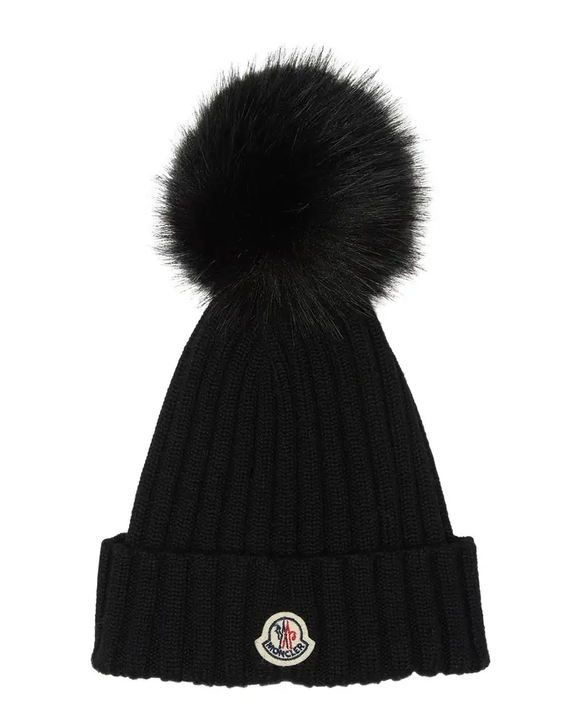 Moncler Wool Beanie with Faux Fur Pom | Image 1 Moncler Wool Beanie with Faux Fur Pom | Image 1