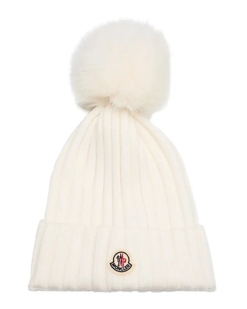 Moncler Wool Beanie with Faux Fur Pom | Image 1 Moncler Wool Beanie with Faux Fur Pom | Image 1
