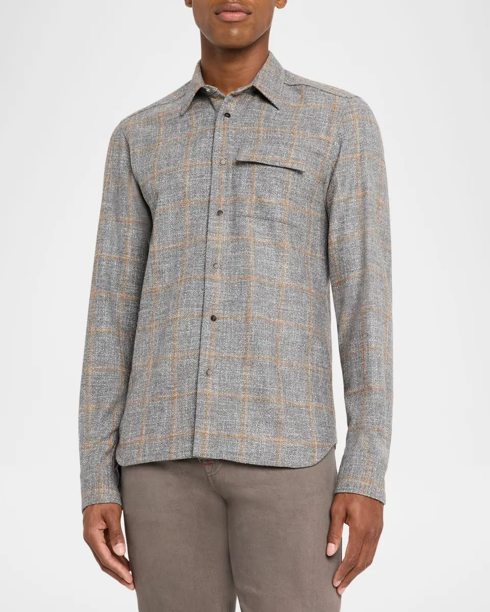 Kiton Men's Windowpane Snap-Front Overshirt | Thumbnail 4 Kiton Men's Windowpane Snap-Front Overshirt | Thumbnail 4