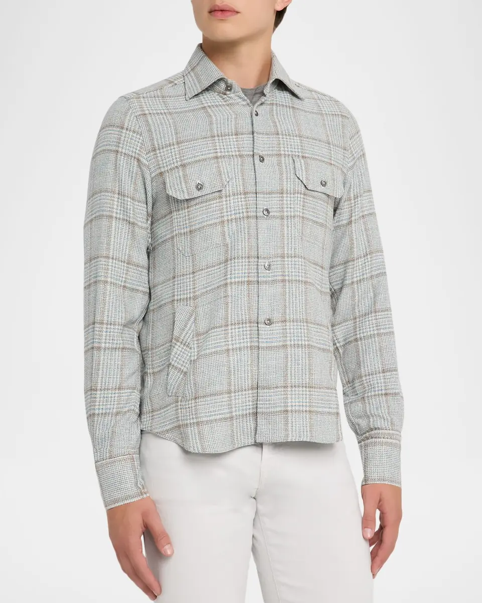 Kiton Men's Wool-Blend Plaid Overshirt with Pockets | Thumbnail 4 Kiton Men's Wool-Blend Plaid Overshirt with Pockets | Thumbnail 4