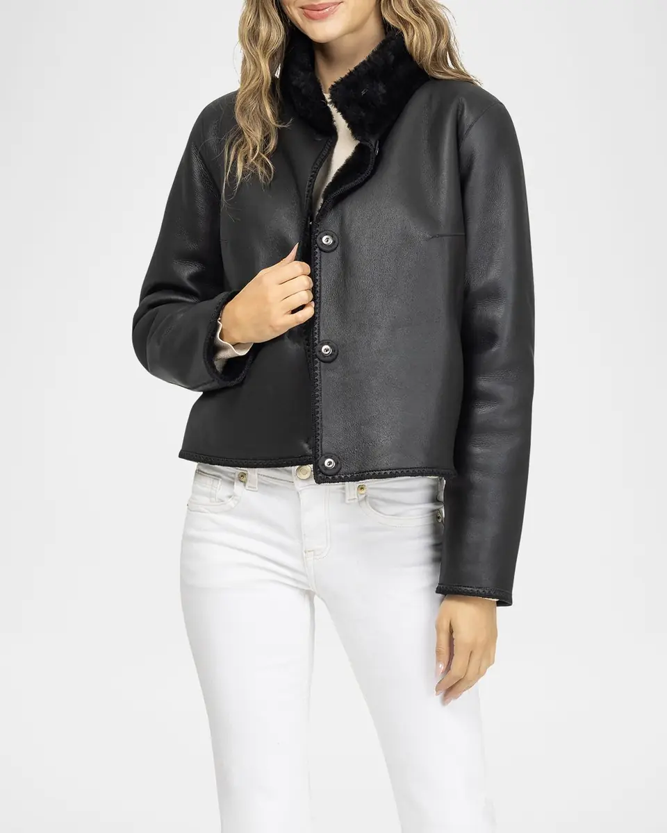Gorski Reversible Merino Grooved Shearling Lamb Jacket With Embroidered Trim | Thumbnail 5 Gorski Reversible Merino Grooved Shearling Lamb Jacket With Embroidered Trim | Thumbnail 5