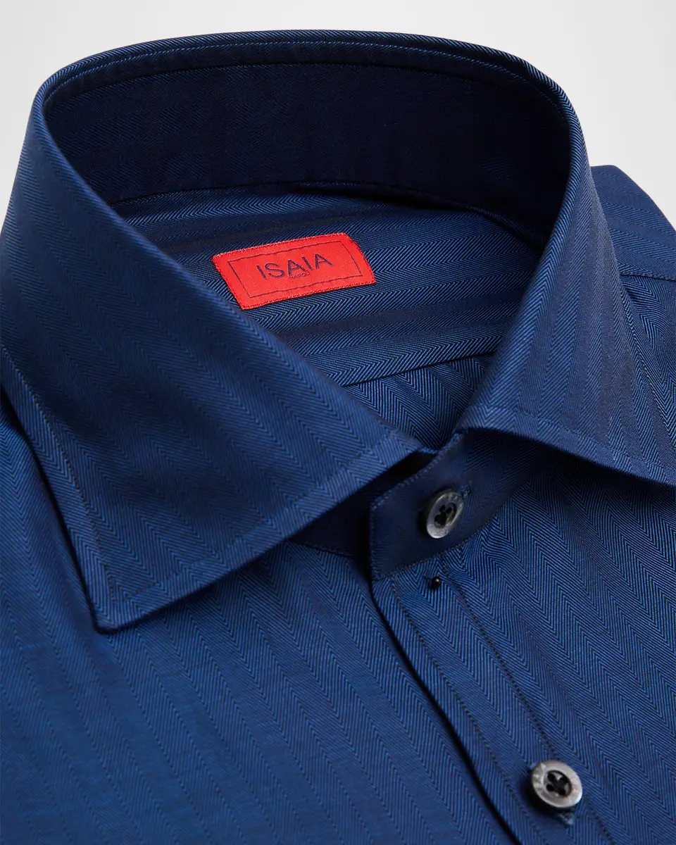 Isaia Men's Cotton Micro-Herringbone Dress Shirt | Thumbnail 2 Isaia Men's Cotton Micro-Herringbone Dress Shirt | Thumbnail 2
