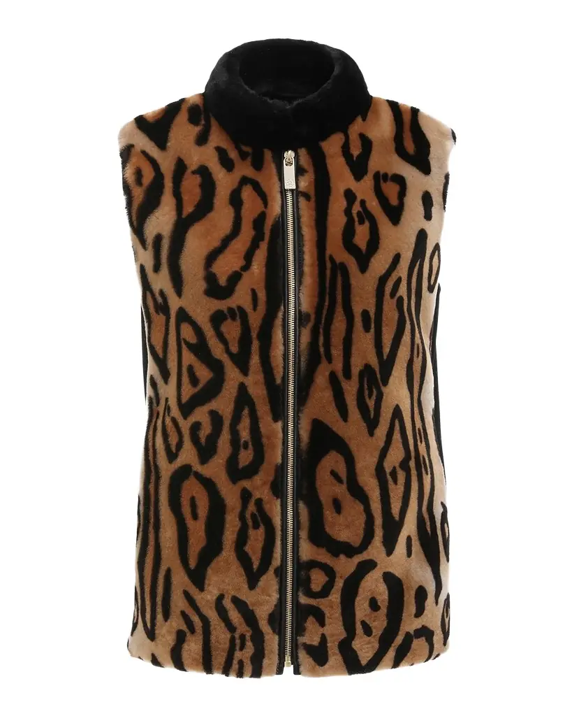 Gorski Ocelot-Print Shearling Lamb Zip Vest With Loro Piana Wool Back | Image 1 Gorski Ocelot-Print Shearling Lamb Zip Vest With Loro Piana Wool Back | Image 1