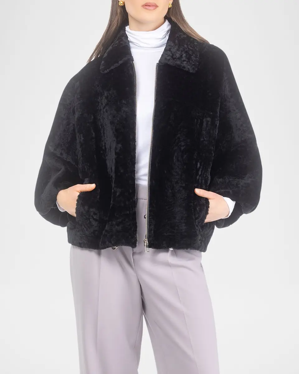 Gorski Textured Shearling Lamb Zip Jacket With Cropped Sleeves | Thumbnail 5 Gorski Textured Shearling Lamb Zip Jacket With Cropped Sleeves | Thumbnail 5