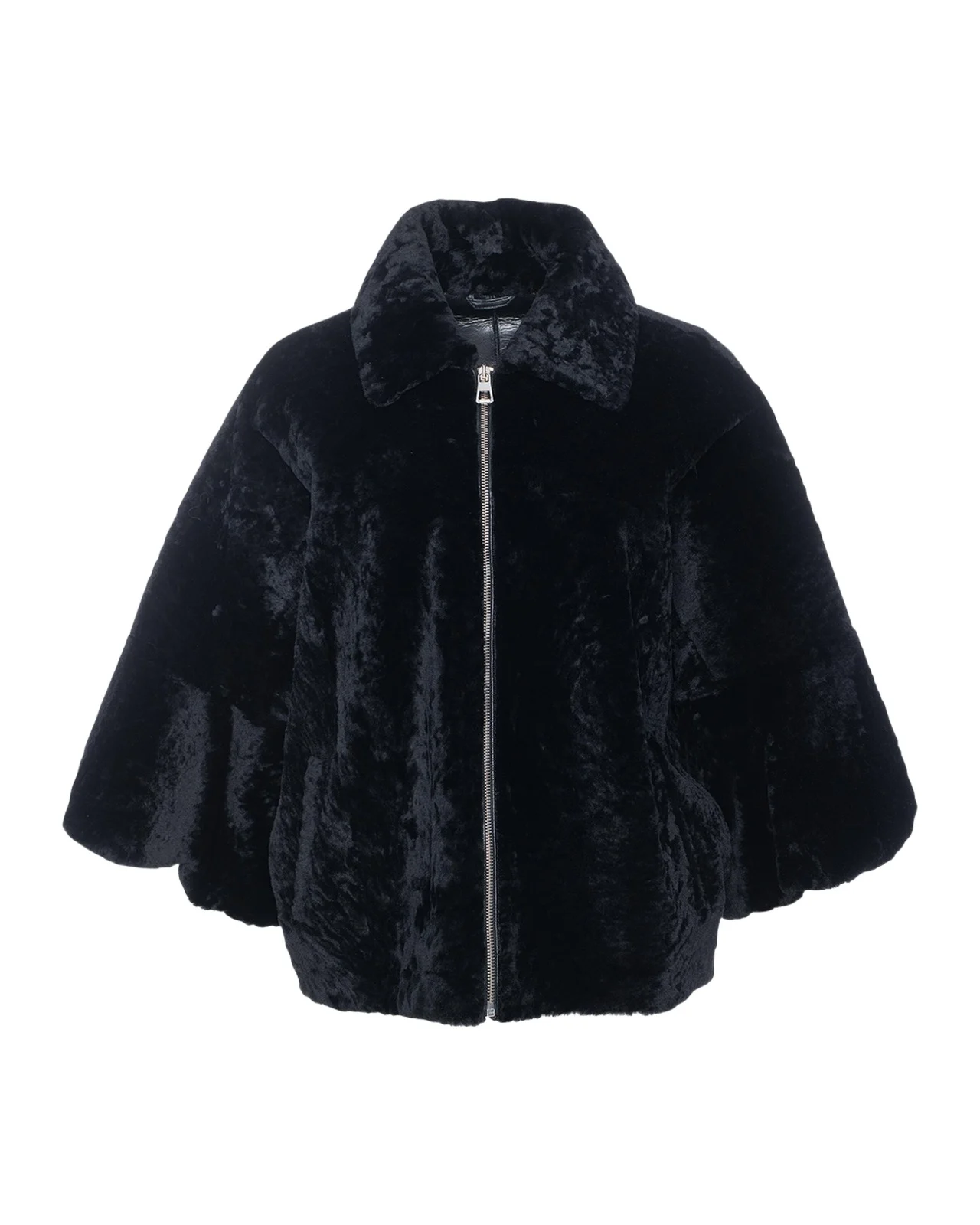 Textured Shearling Lamb Zip Jacket With Cropped Sleeves Textured Shearling Lamb Zip Jacket With Cropped Sleeves