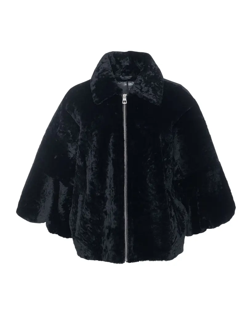 Textured Shearling Lamb Zip Jacket With Cropped Sleeves Textured Shearling Lamb Zip Jacket With Cropped Sleeves