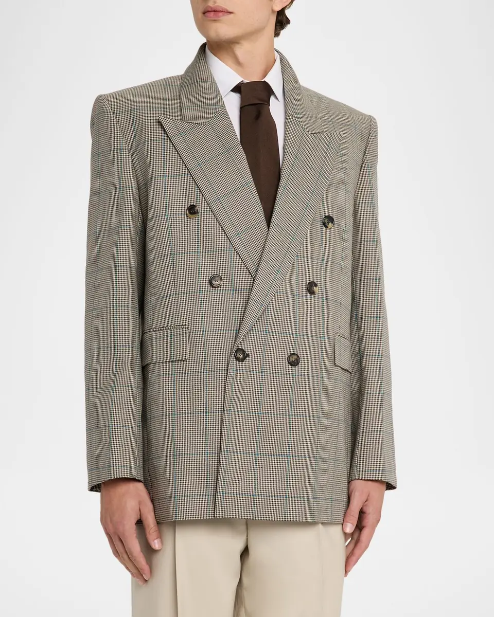 Saint Laurent Men's Double-Breasted Check Wool Blazer | Thumbnail 4