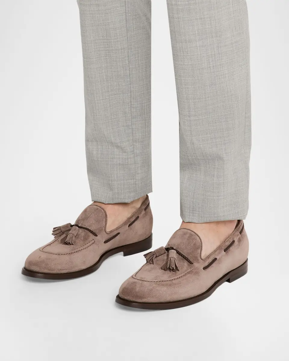 Brunello Cucinelli Men's Suede Braided Leather-Lace Tassel Loafers | Thumbnail 2 Brunello Cucinelli Men's Suede Braided Leather-Lace Tassel Loafers | Thumbnail 2