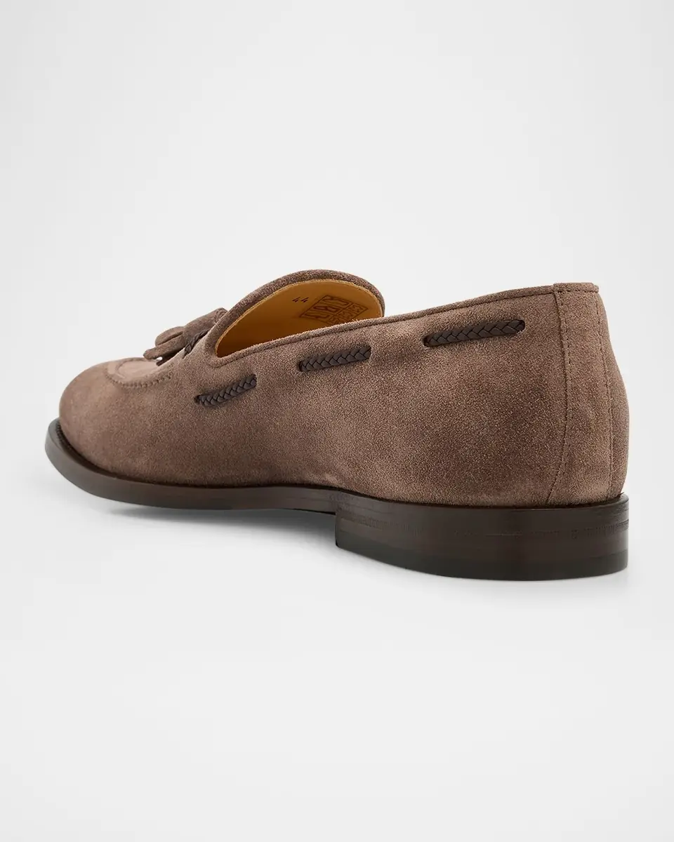 Brunello Cucinelli Men's Suede Braided Leather-Lace Tassel Loafers | Thumbnail 4 Brunello Cucinelli Men's Suede Braided Leather-Lace Tassel Loafers | Thumbnail 4