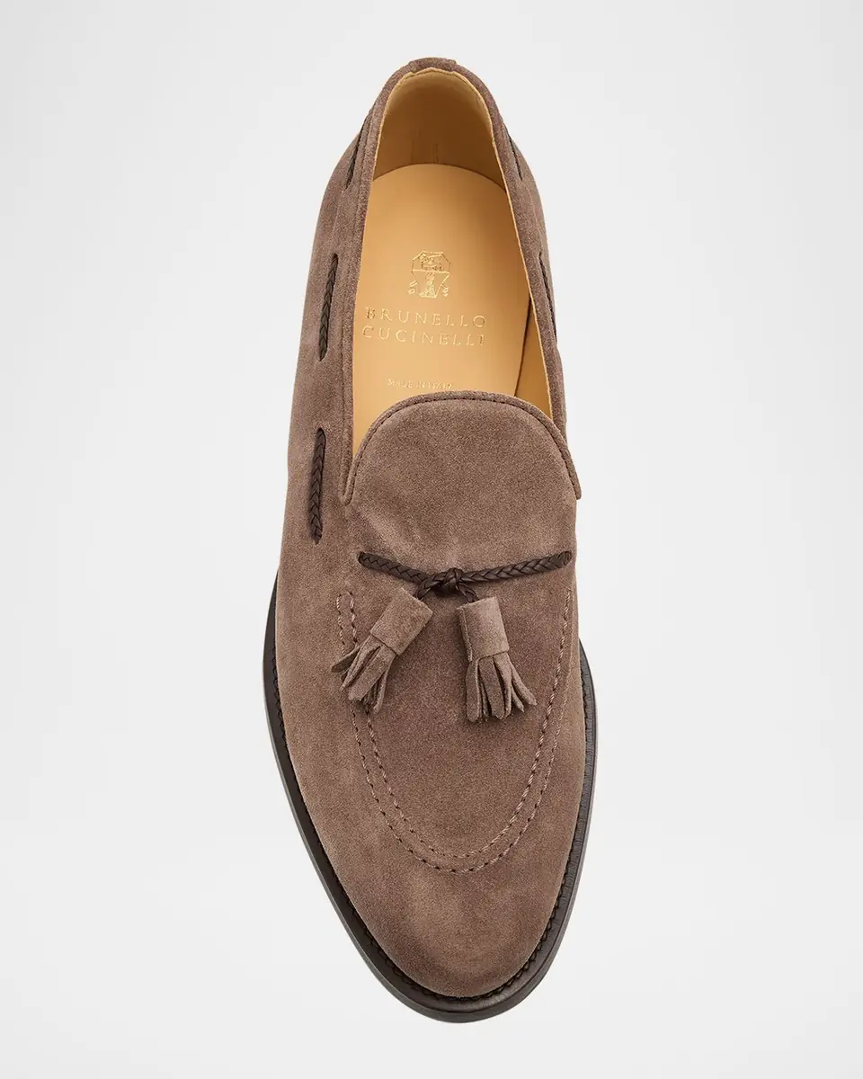 Brunello Cucinelli Men's Suede Braided Leather-Lace Tassel Loafers | Thumbnail 6 Brunello Cucinelli Men's Suede Braided Leather-Lace Tassel Loafers | Thumbnail 6