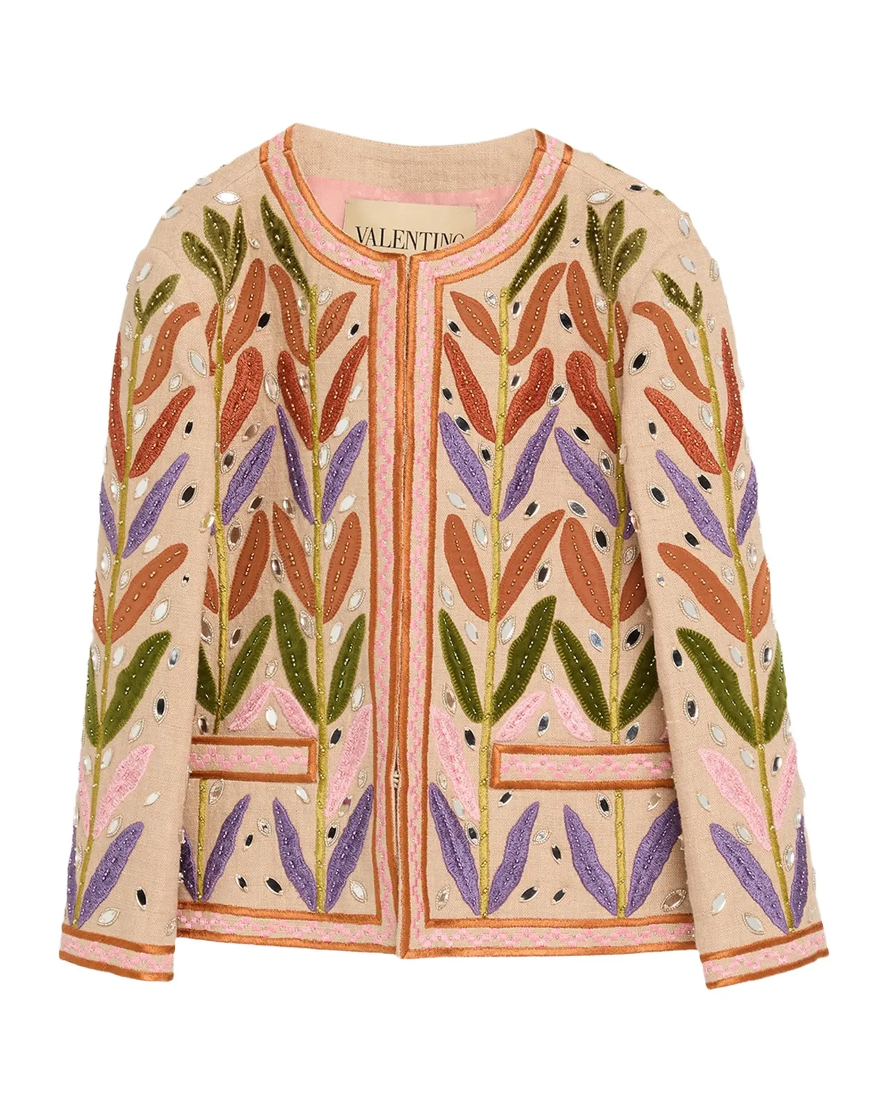 Beaded Leaf-Embroidered Linen Jacket