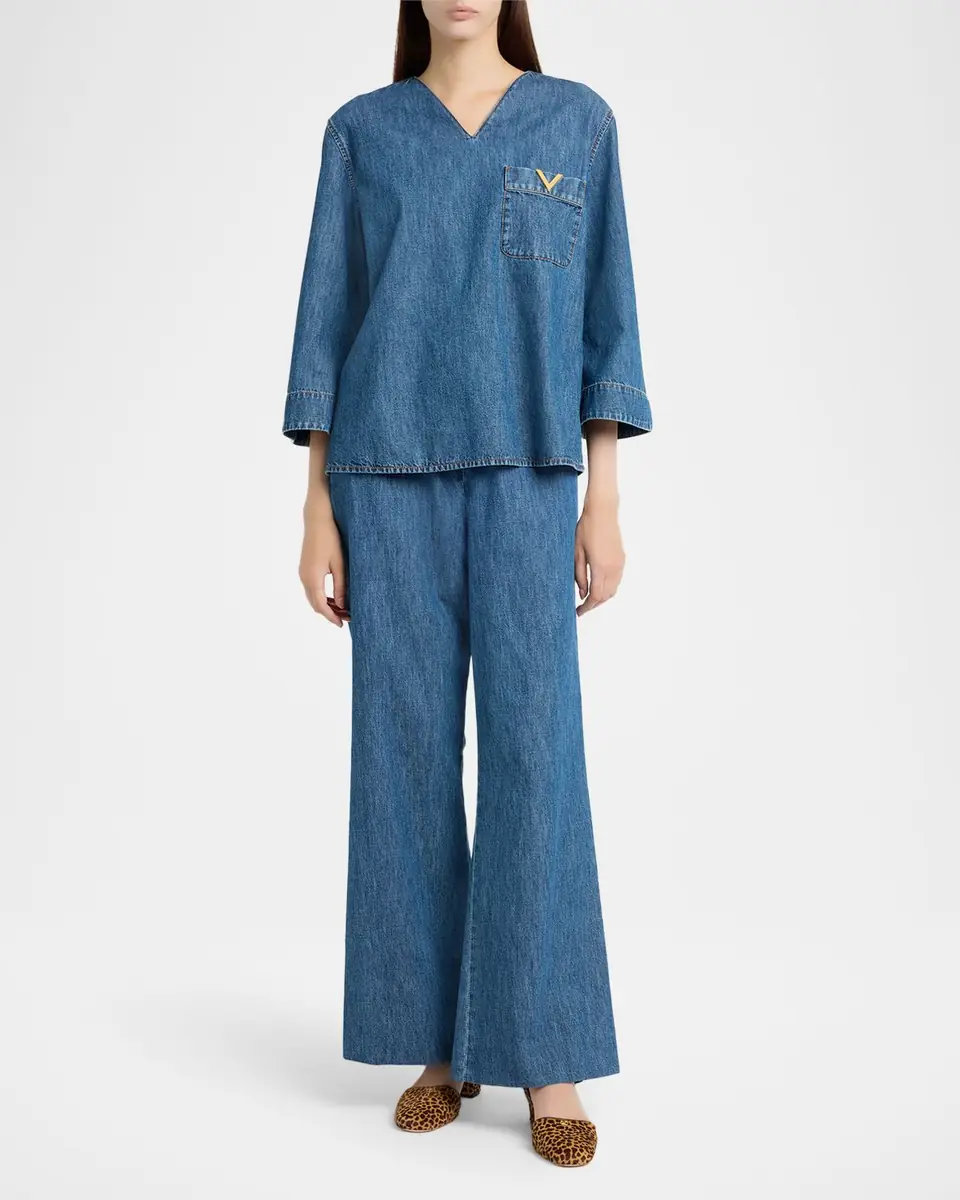 Valentino Garavani V-Logo Denim 3/4-Sleeve Shirt | Thumbnail 2 Valentino Garavani V-Logo Denim 3/4-Sleeve Shirt | Thumbnail 2