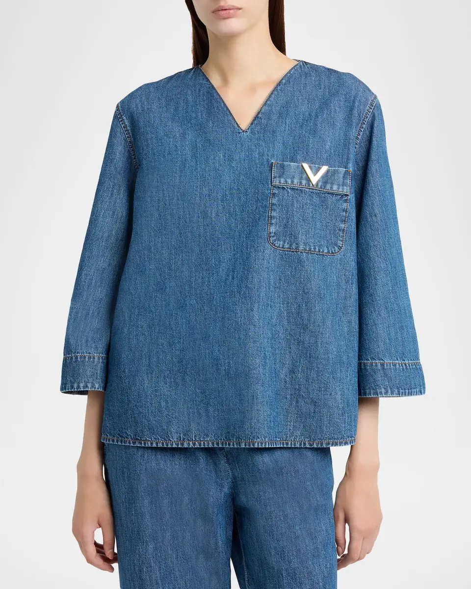 Valentino Garavani V-Logo Denim 3/4-Sleeve Shirt | Thumbnail 4 Valentino Garavani V-Logo Denim 3/4-Sleeve Shirt | Thumbnail 4