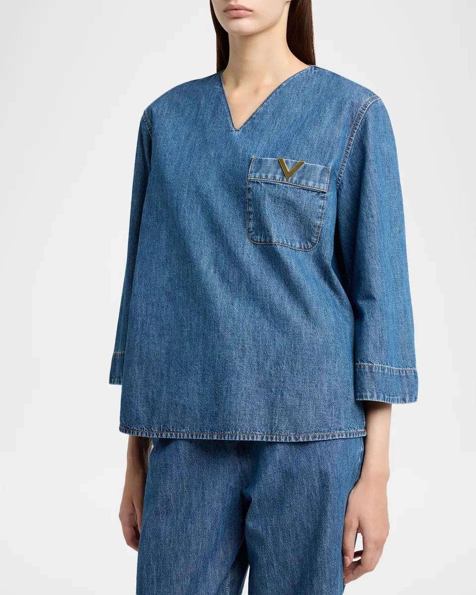 Valentino Garavani V-Logo Denim 3/4-Sleeve Shirt | Thumbnail 5 Valentino Garavani V-Logo Denim 3/4-Sleeve Shirt | Thumbnail 5