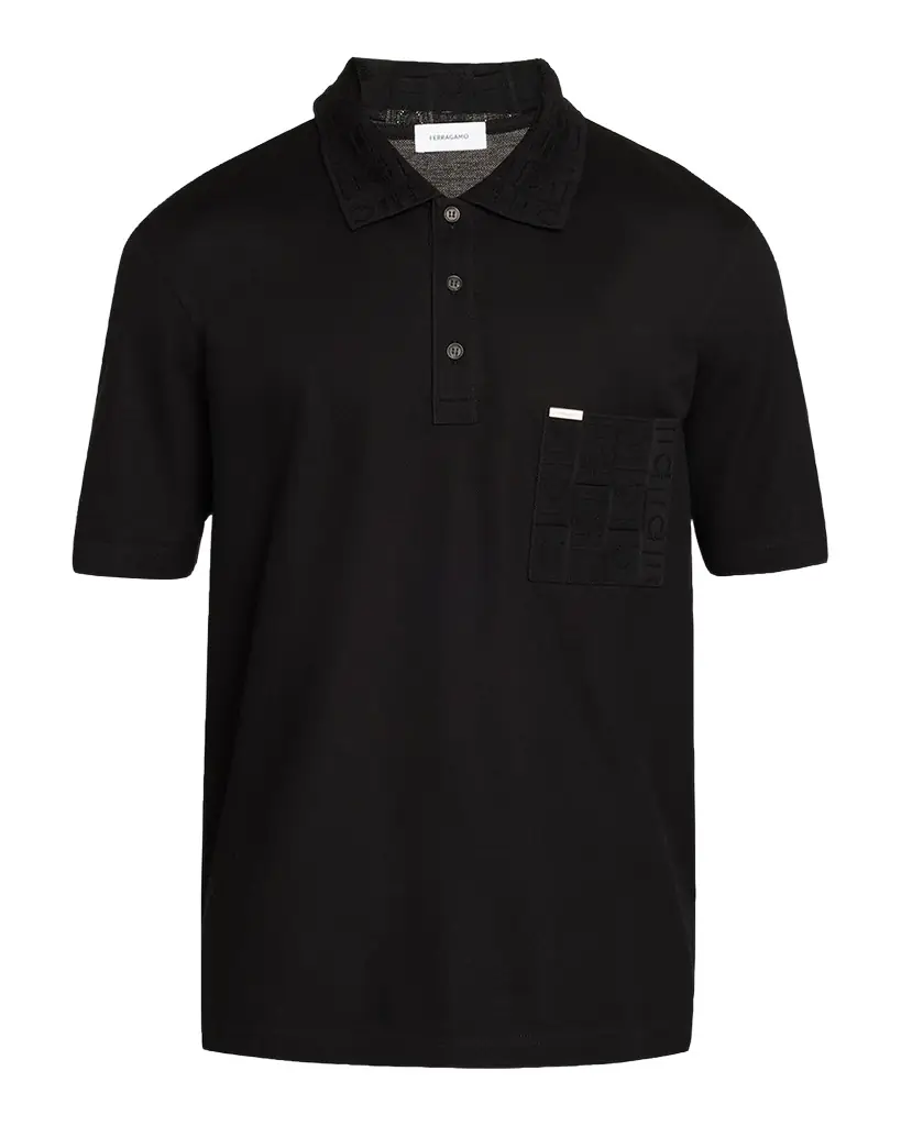 Ferragamo Men's Jacquard Gancio Pocket Pique Polo Shirt | Image 1 Ferragamo Men's Jacquard Gancio Pocket Pique Polo Shirt | Image 1