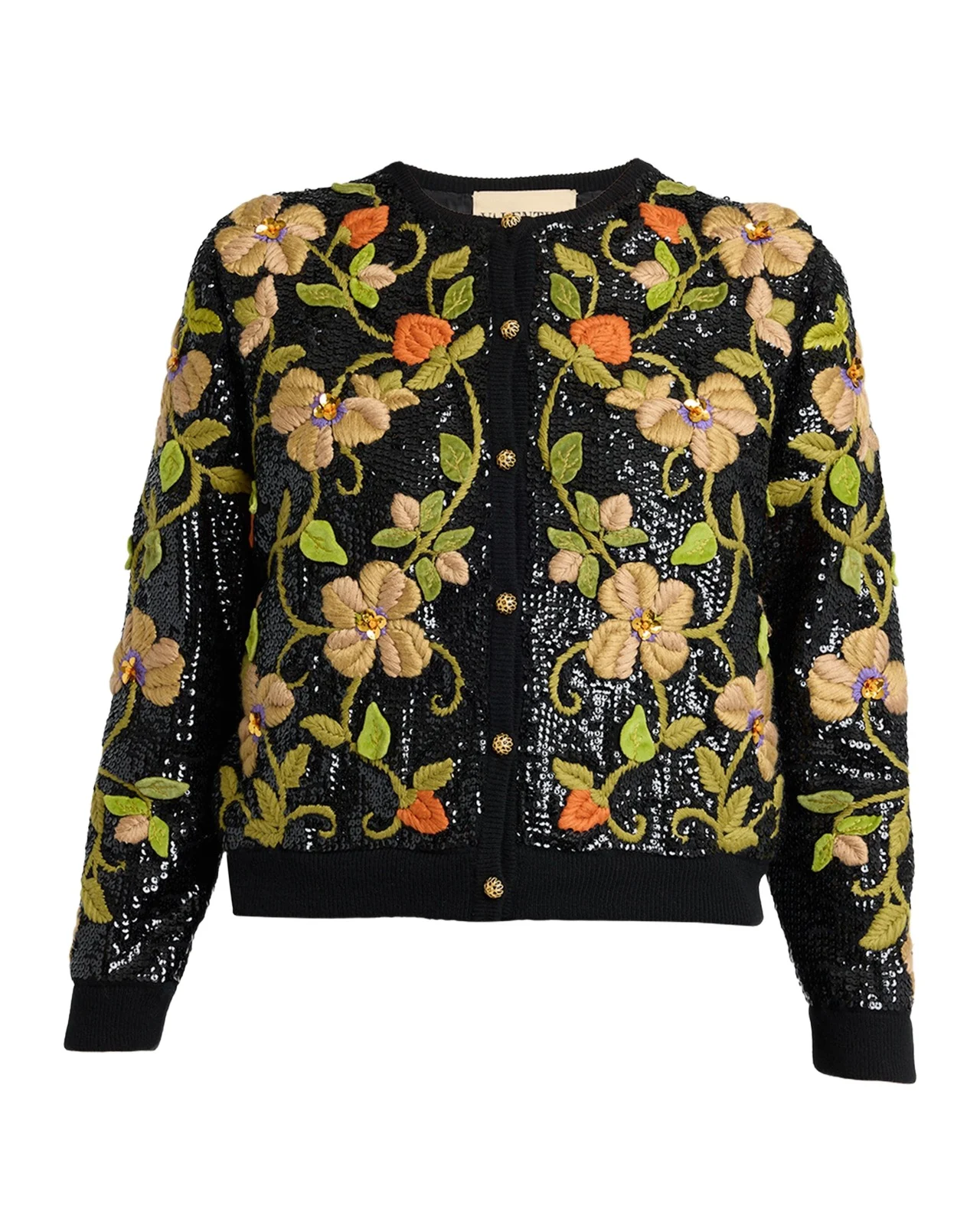 Sequined Floral Embroidered Crewneck Cardigan Sequined Floral Embroidered Crewneck Cardigan
