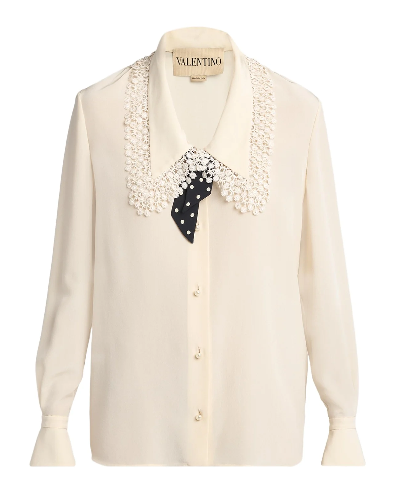 Lace-Trim Button-Down Silk Blouse With Polkadot Tie Lace-Trim Button-Down Silk Blouse With Polkadot Tie